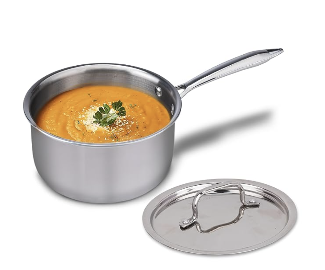 AGARO रीजेंसी ट्रिपली स्टील सॉस पैन ढक्कन के साथ 18 सेमी, ट्रिपल लेयर्ड स्टेनलेस स्टील बॉडी, 2.25 लीटर क्षमता, 2.5 मिमी मोटी बॉडी, मजबूत हैंडल, इंडक्शन और गैस संगत, चाय, चाय पैन 