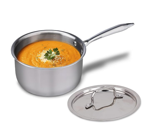 AGARO रीजेंसी ट्रिपली स्टील सॉस पैन ढक्कन के साथ 14 सेमी, ट्रिपल लेयर्ड स्टेनलेस स्टील बॉडी, 1.25 लीटर क्षमता, 2.5 मिमी मोटी बॉडी, मजबूत हैंडल, इंडक्शन और गैस संगत, चाय, चाय पैन, 1250 मिलीलीटर 