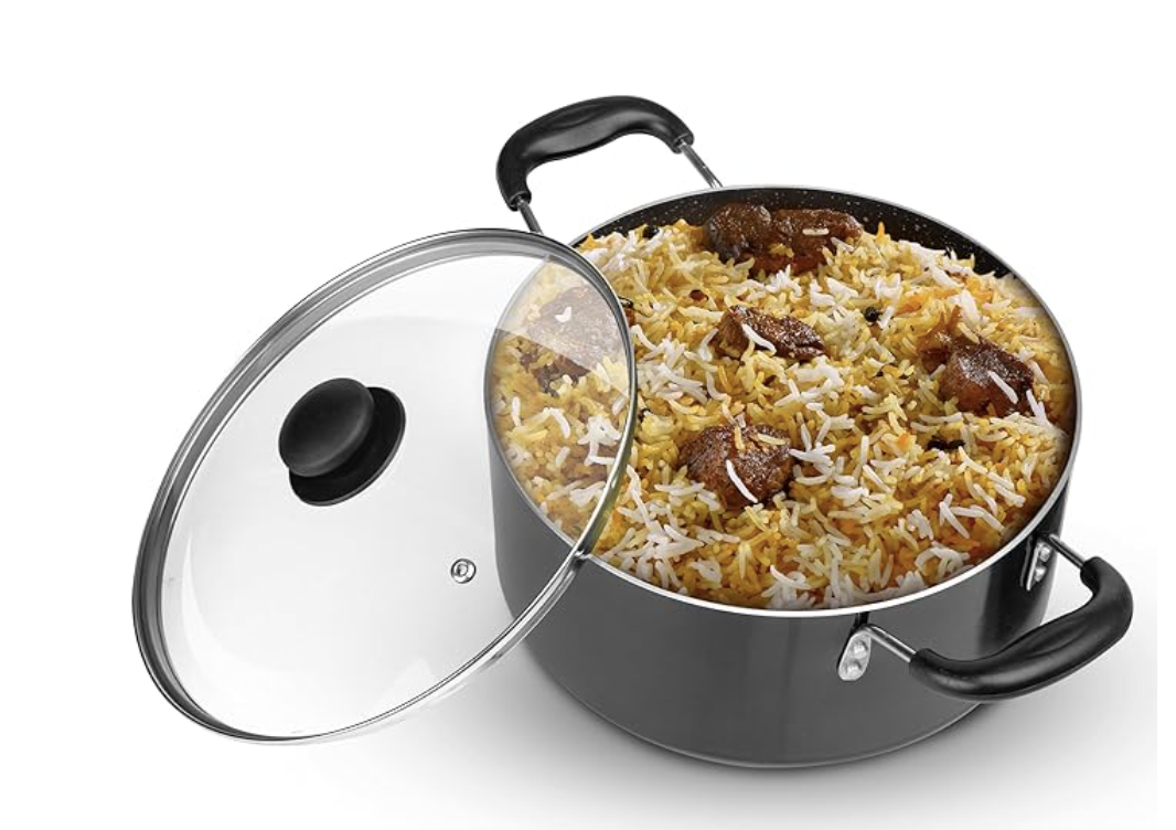 AGARO एलिगेंट नॉन-स्टिक बिरयानी पॉट ग्लास लिड के साथ, 26 cm व्यास, 5.5 लीटर क्षमता, नॉन-स्टिक कोटेड एल्युमीनियम पॉट, साइड हैंडल, गैस और इंडक्शन ओवन के साथ इस्तेमाल होने वाला, बिरयानी, पुलाव, चावल 