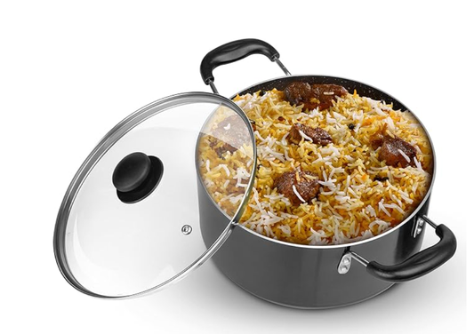 AGARO एलिगेंट नॉन-स्टिक बिरयानी पॉट ग्लास लिड के साथ, 26 cm व्यास, 5.5 लीटर क्षमता, नॉन-स्टिक कोटेड एल्युमीनियम पॉट, साइड हैंडल, गैस और इंडक्शन ओवन के साथ इस्तेमाल होने वाला, बिरयानी, पुलाव, चावल 