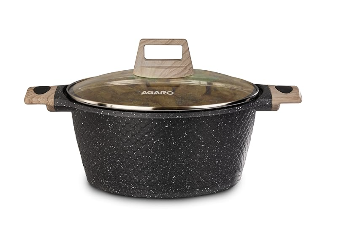 AGARO Imperial Granite Non Stick Casserole with Glass Lid, 4 Litre/24Cm, Cast Aluminium Body, Stew Pot, Biriyani Pot, Rice Pot, Gas & Induction Compatible, Dark Grey