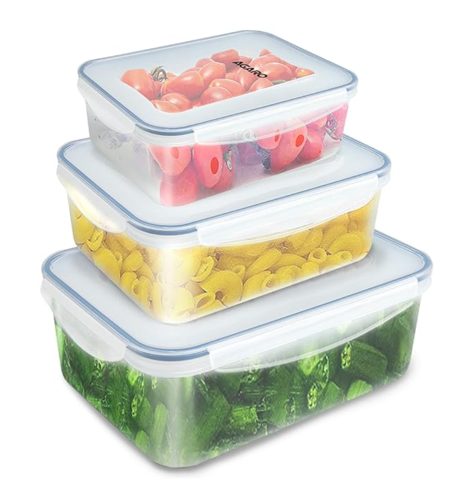 அகாரோ காற்று புகாத கொள்கலன், மூடியுடன் கூடிய உணவு சேமிப்பு கொள்கலன், பல்நோக்கு சமையலறை கொள்கலன், செவ்வக பிளாஸ்டிக் உடல், கசிவு இல்லாதது, பிபிஏ இல்லாதது, கொள்ளளவு 500 மிலி, 1 லிட்டர், 1.5 லிட்டர், 3 தொகுப்பு. 