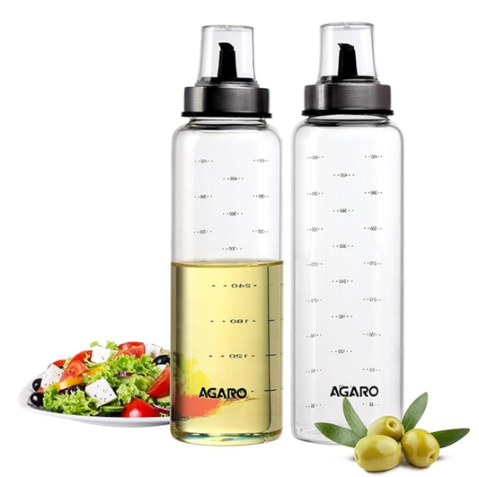 AGARO एलीट बोरोसिलिकेट ग्लास ऑयल डिस्पेंसर, क्षमता चिह्नों के साथ, 2 का पैक, 500 मिली प्रत्येक, धातु का ढक्कन, तेल की बोतल जार, पारदर्शी 