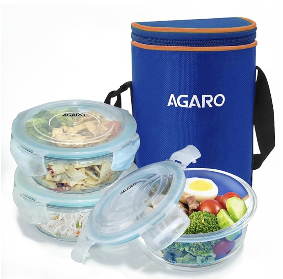 AGARO எலைட் போரோசிலிகேட் கண்ணாடி மதிய உணவுப் பெட்டி, 3 பிசிக்கள் செட், ஒவ்வொன்றும் 400 மிலி, அலுவலக டிபன் பாக்ஸ் பையுடன், ஆண்கள் &amp; பெண்கள், வட்ட வடிவம், கசிவு இல்லாத &amp; காற்று புகாத பூட்டும் மூடி, மைக்ரோவேவ் &amp; ஃப்ரீசர் சேஃப், டிரான்ஸ்பரன்ட் 