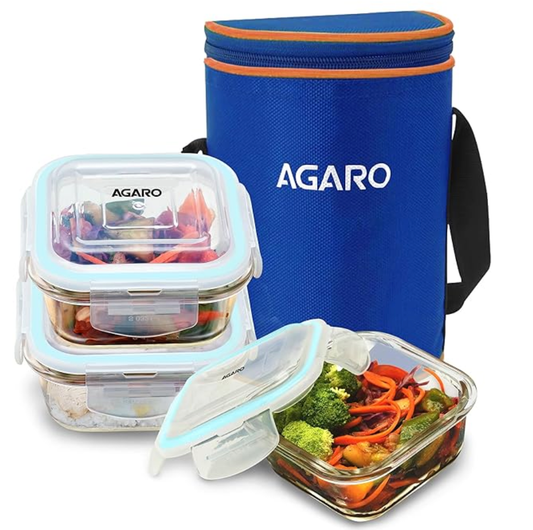 AGARO Elite Borosilicate Glass Lunch Box, 3pcs Set, 320ml Each, Office Tiffin Box with Bag for Men & Women, Square Shaped, Leak Proof & Airtight Locking Lid, Microwave & Freezer Safe, Transparent