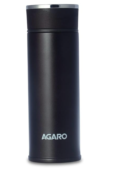AGARO Elite स्टेनलेस स्टील वैक्यूम फ्लास्क 480 ML, डबल वॉल वैक्यूम इंसुलेटेड, कॉपर इंसुलेटेड, 304 ग्रेड इनर और आउटर स्टेनलेस स्टील से बना, लीक प्रूफ, 8 घंटे तक गर्म और ठंडा, (काला)। 