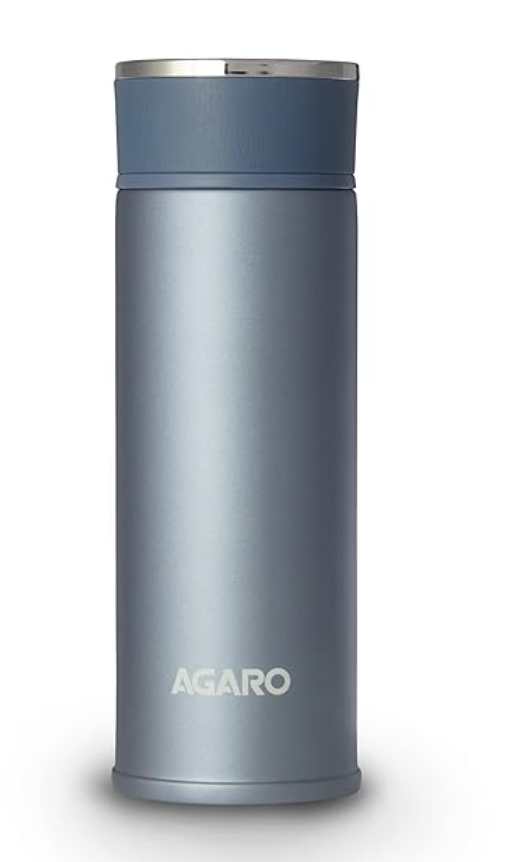 AGARO Elite स्टेनलेस स्टील वैक्यूम फ्लास्क 480 ML, डबल वॉल वैक्यूम इंसुलेटेड, कॉपर इंसुलेटेड, 304 ग्रेड इनर और आउटर स्टेनलेस स्टील से बना, लीक प्रूफ, 8 घंटे तक गर्म और ठंडा, (नीला)। 