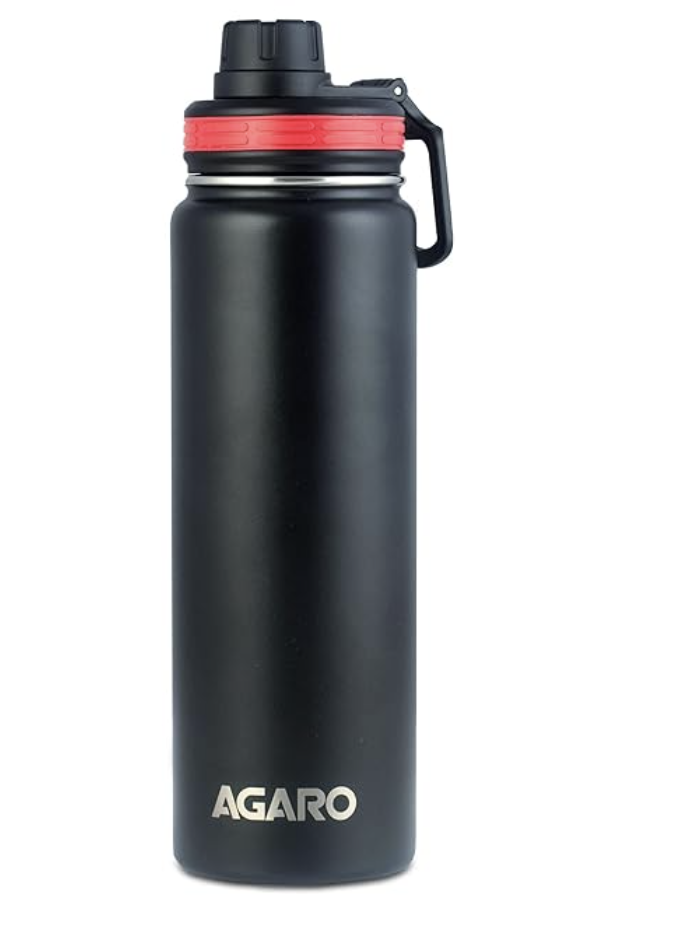 AGARO இம்பீரியல் ஸ்டெயின்லெஸ் ஸ்டீல் வெற்றிட பிளாஸ்க் 720 ML, இரட்டை சுவர் கொண்ட வெற்றிட காப்பிடப்பட்ட, செப்பு காப்பிடப்பட்ட, ஃபிளிப் டாப் மூடி, சிப்பிங் மூடி, கசிவு மற்றும் துருப்பிடிக்காத, 8 மணி நேரம் வரை சூடாகவும் குளிராகவும் இருக்கும், (கருப்பு). -1