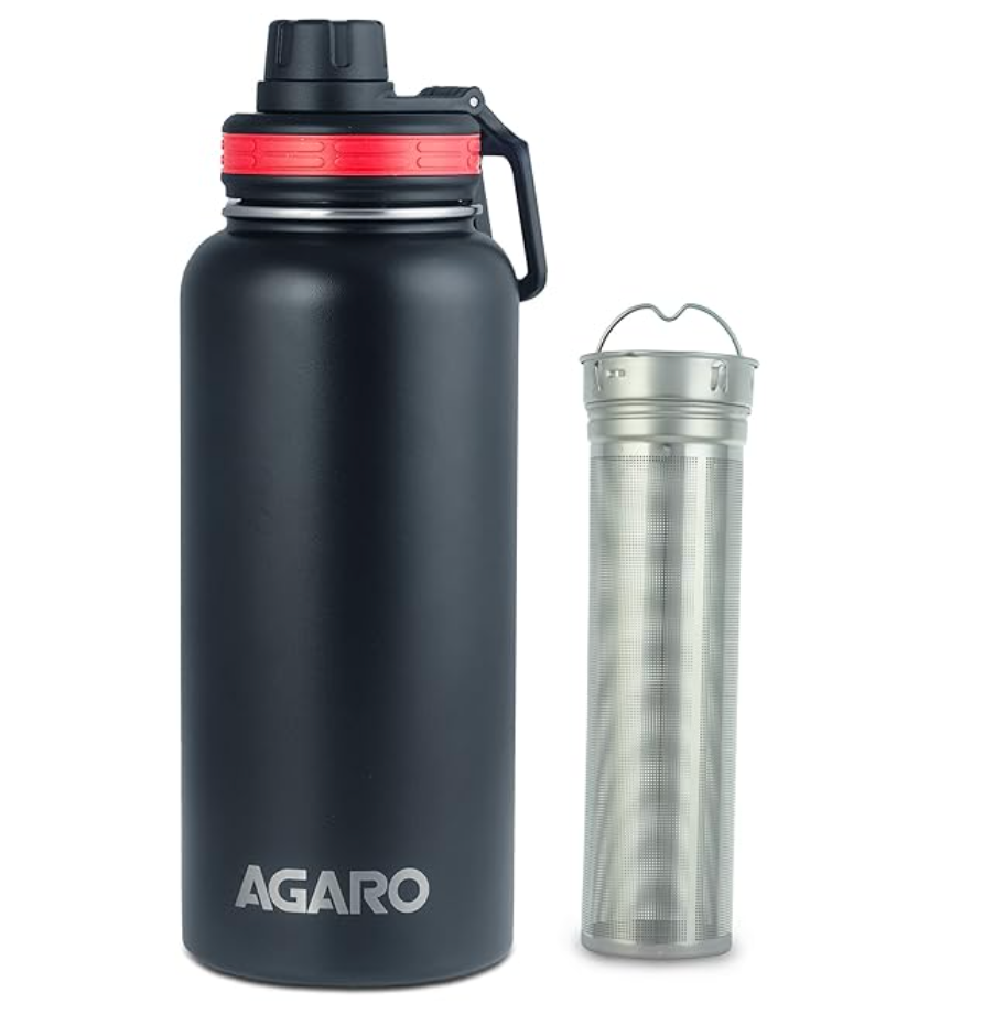 AGARO Imperial Stainless Steel Vacuum Flask 1 Litre, Double Walled Vacuum Insulated, Copper Insulated, Flip Top Lid, Sipping Lid, Leak and Rust Proof, SS Infuser, Hot and Cold up to 8 hrs, (Black)