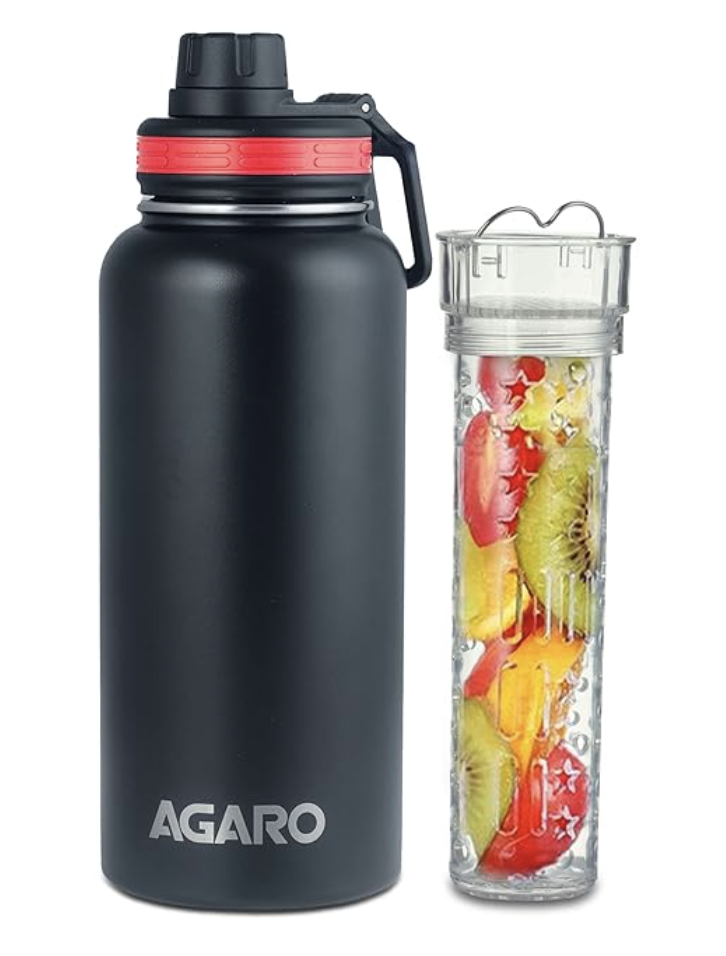 AGARO Imperial Stainless Steel Vacuum Flask 1 Litre, Double Walled Vacuum Insulated, Copper Insulated, Flip Top Lid, Sipping Lid, Leak Proof, Tritan Infuser, Hot and Cold up to 8 hrs (Black).