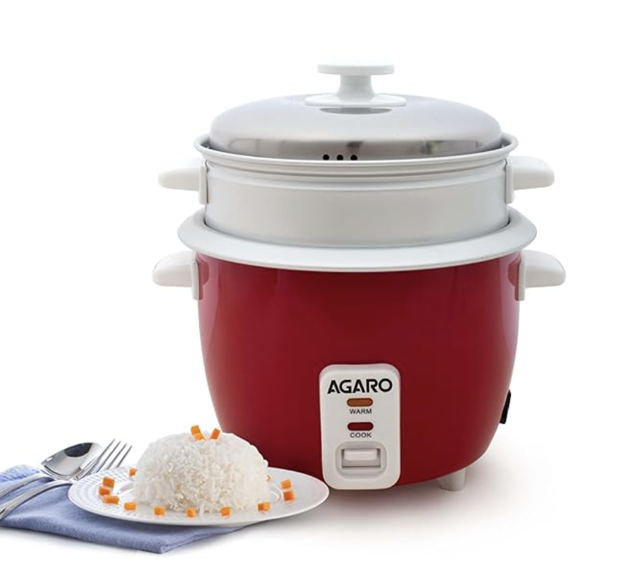 AGARO எலக்ட்ரிக் ரைஸ் குக்கர், 1 லிட்டர், 700 கிராம் (தோராயமாக 5 கப்) பச்சரிசி, 400W, தானியங்கி பாய்லர், ஸ்டீமர், நீக்கக்கூடிய அலுமினிய பானை, துருப்பிடிக்காத எஃகு மூடி, சூடாக செயல்பட வைக்கும், ட்ரைவெட் தட்டு, அரிசி 