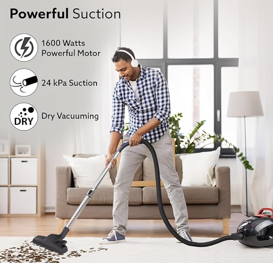 AGARO ICON 1600 Watts Bagless Dry Vacuum Cleaner for Home & Office, up to 24 kPa Variable Suction with Cyclonic Technology, 1.5L Bagless Bin, Multiple Accessories, Compact & Lightweight, Easy to Use