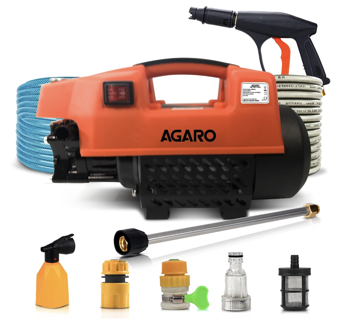 AGARO Supreme High Pressure Washer, Car Washer, 1800 Watts Motor, 120 Bars, 6.5L/Min Flow Rate, 8 Meters Outlet Hose, Portable, Car, Bike & Home Cleaning, Black and Orange