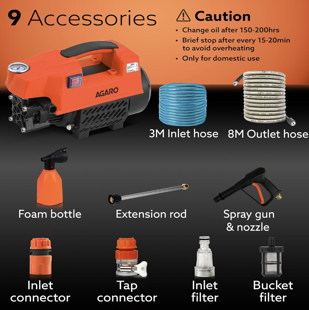 AGARO Supreme High Pressure Washer, Car Washer, 1800 Watts Motor, 120 Bars, 6.5L/Min Flow Rate, 8 Meters Outlet Hose, Portable, Car, Bike & Home Cleaning, Black and Orange