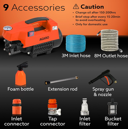 AGARO Supreme High Pressure Washer, Car Washer, 1800 Watts Motor, 120 Bars, 6.5L/Min Flow Rate, 8 Meters Outlet Hose, Portable, Car, Bike & Home Cleaning, Black and Orange