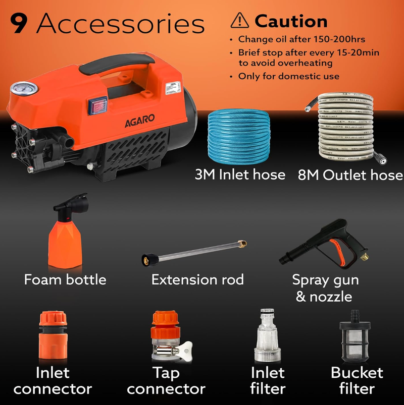 AGARO Supreme High Pressure Washer, Car Washer, 1800 Watts Motor, 120 Bars, 6.5L/Min Flow Rate, 8 Meters Outlet Hose, Portable, Car, Bike & Home Cleaning, Black and Orange-2
