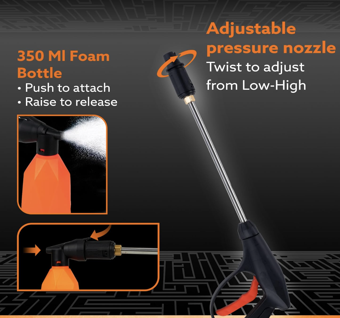AGARO Supreme High Pressure Washer, Car Washer, 1800 Watts Motor, 120 Bars, 6.5L/Min Flow Rate, 8 Meters Outlet Hose, Portable, Car, Bike & Home Cleaning, Black and Orange-3