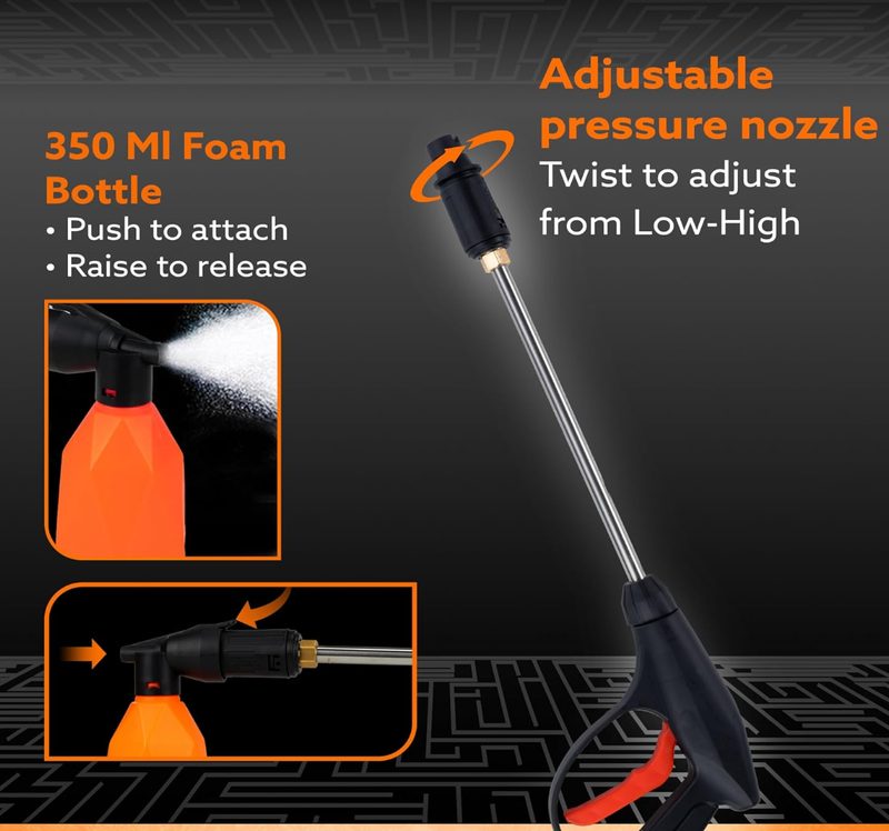 AGARO Supreme High Pressure Washer, Car Washer, 1800 Watts Motor, 120 Bars, 6.5L/Min Flow Rate, 8 Meters Outlet Hose, Portable, Car, Bike & Home Cleaning, Black and Orange-3