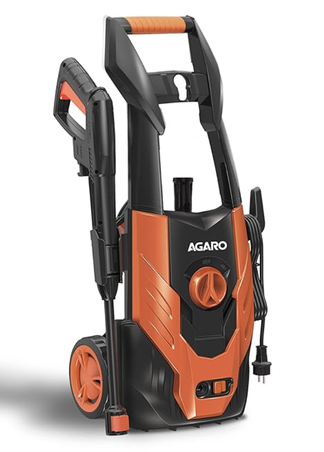 AGARO Grand High Pressure Washer, 1500 Watts, 110 Bars, 6.5L/Min Flow Rate, 5 Meters Outlet Hose,Upright Design with Wheel, for Car,Bike and Home Cleaning Purpose, Free Turbo Nozzle, Black and Orange-1