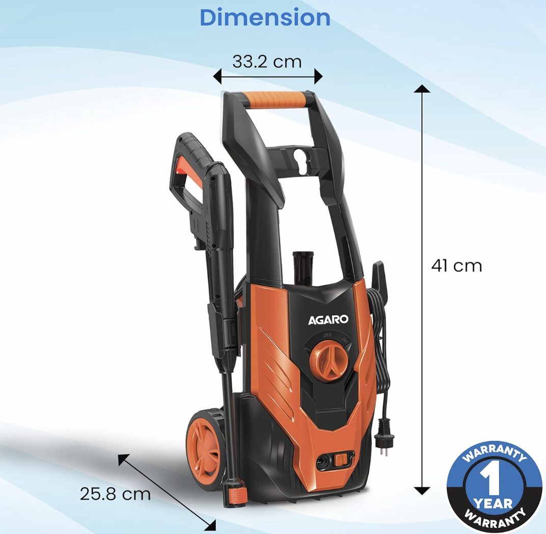 AGARO Grand High Pressure Washer, 1500 Watts, 110 Bars, 6.5L/Min Flow Rate, 5 Meters Outlet Hose,Upright Design with Wheel, for Car,Bike and Home Cleaning Purpose, Free Turbo Nozzle, Black and Orange