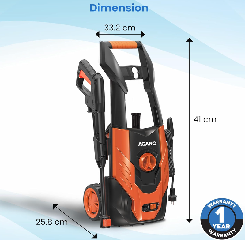AGARO Grand High Pressure Washer, 1500 Watts, 110 Bars, 6.5L/Min Flow Rate, 5 Meters Outlet Hose,Upright Design with Wheel, for Car,Bike and Home Cleaning Purpose, Free Turbo Nozzle, Black and Orange-2