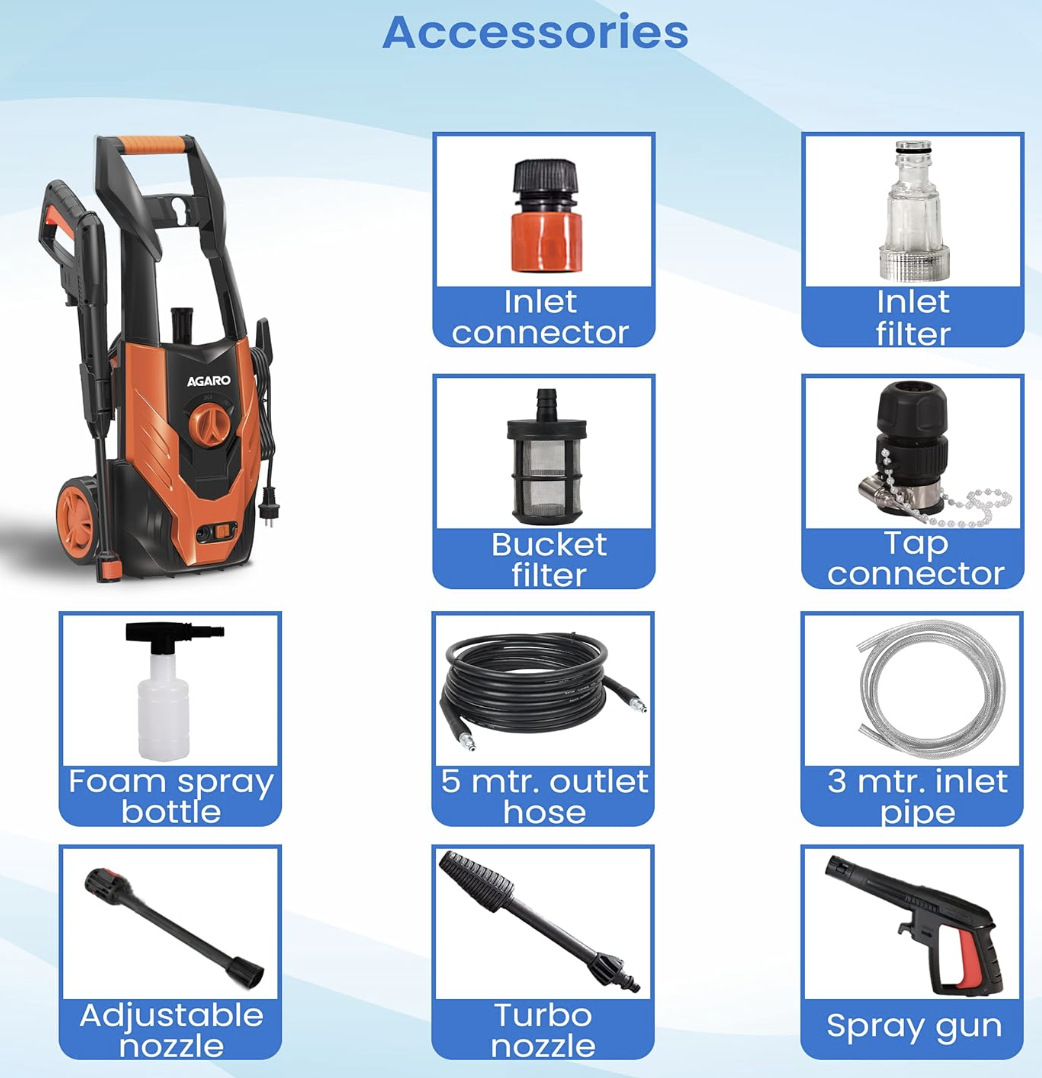 AGARO Grand High Pressure Washer, 1500 Watts, 110 Bars, 6.5L/Min Flow Rate, 5 Meters Outlet Hose,Upright Design with Wheel, for Car,Bike and Home Cleaning Purpose, Free Turbo Nozzle, Black and Orange