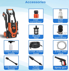 AGARO Grand High Pressure Washer, 1500 Watts, 110 Bars, 6.5L/Min Flow Rate, 5 Meters Outlet Hose,Upright Design with Wheel, for Car,Bike and Home Cleaning Purpose, Free Turbo Nozzle, Black and Orange-3