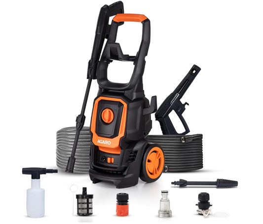 AGARO Alpha High Pressure Washer, Car Washer, Upright Design with Wheel, 1600W, 130 Bars, 7L/Min Flow Rate, 5 Meters Outlet Hose, Car, Bike and Home Cleaning Purpose, Red & Black