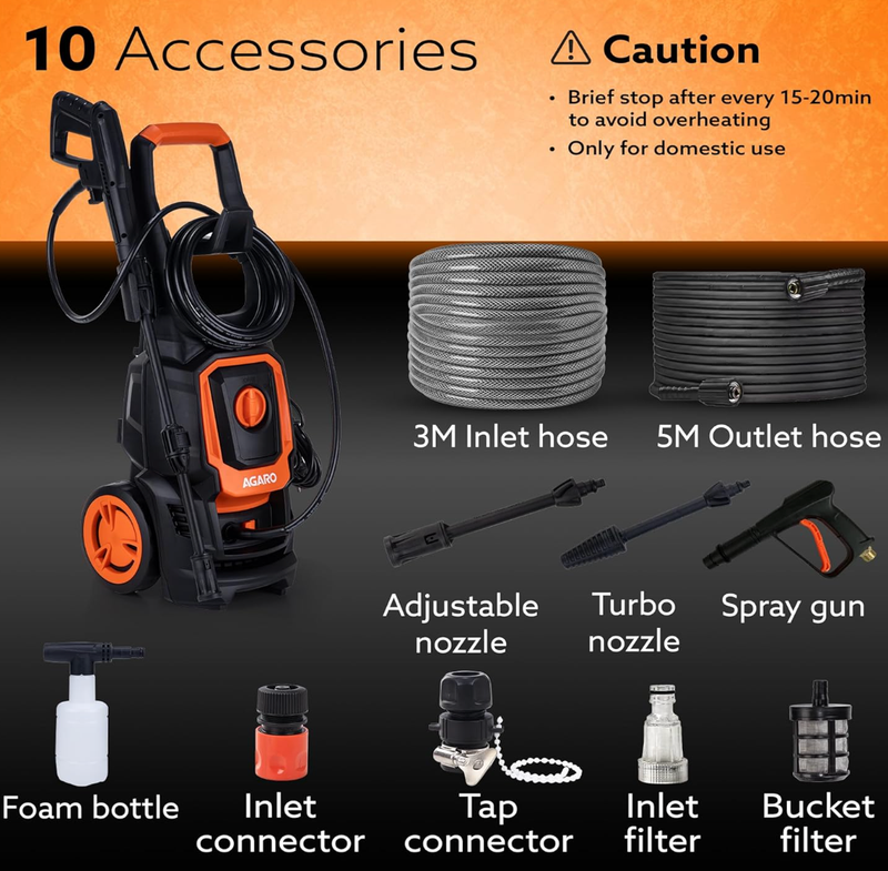 AGARO Alpha High Pressure Washer, Car Washer, Upright Design with Wheel, 1600W, 130 Bars, 7L/Min Flow Rate, 5 Meters Outlet Hose, Car, Bike and Home Cleaning Purpose, Red & Black-2