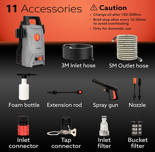 AGARO Regency High Pressure Washer, 1400 Watts, 110 Bars, 6.5L/Min Flow Rate, 5 Meters Outlet Hose, for Car,Bike and Home Cleaning Purpose, Grey