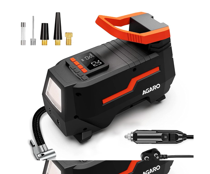 AGARO TI2157 டிஜிட்டல் போர்ட்டபிள் டயர் இன்ஃப்ளேட்டர்/பிரஷர் கேஜ், வீடு மற்றும் காருக்கான 12V DC/230V AC, 150 PSI வரை, LED லைட், டிஜிட்டல் டிஸ்ப்ளே, பைக், மிதிவண்டிகள் மற்றும் பிற ஊதப்பட்ட பொருட்களுக்கு (கருப்பு). -1