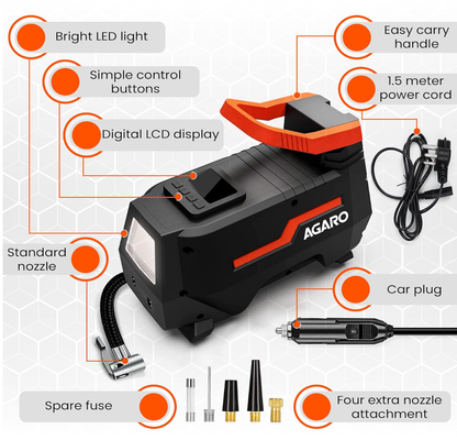 AGARO TI2157 Digital Portable Tyre Inflator/Pressure Gauge, 12V DC/230V AC for Home and Car, up to 150 PSI, LED Light, Digital Display, For Bike, Bicycles and Other Inflatables (Black).