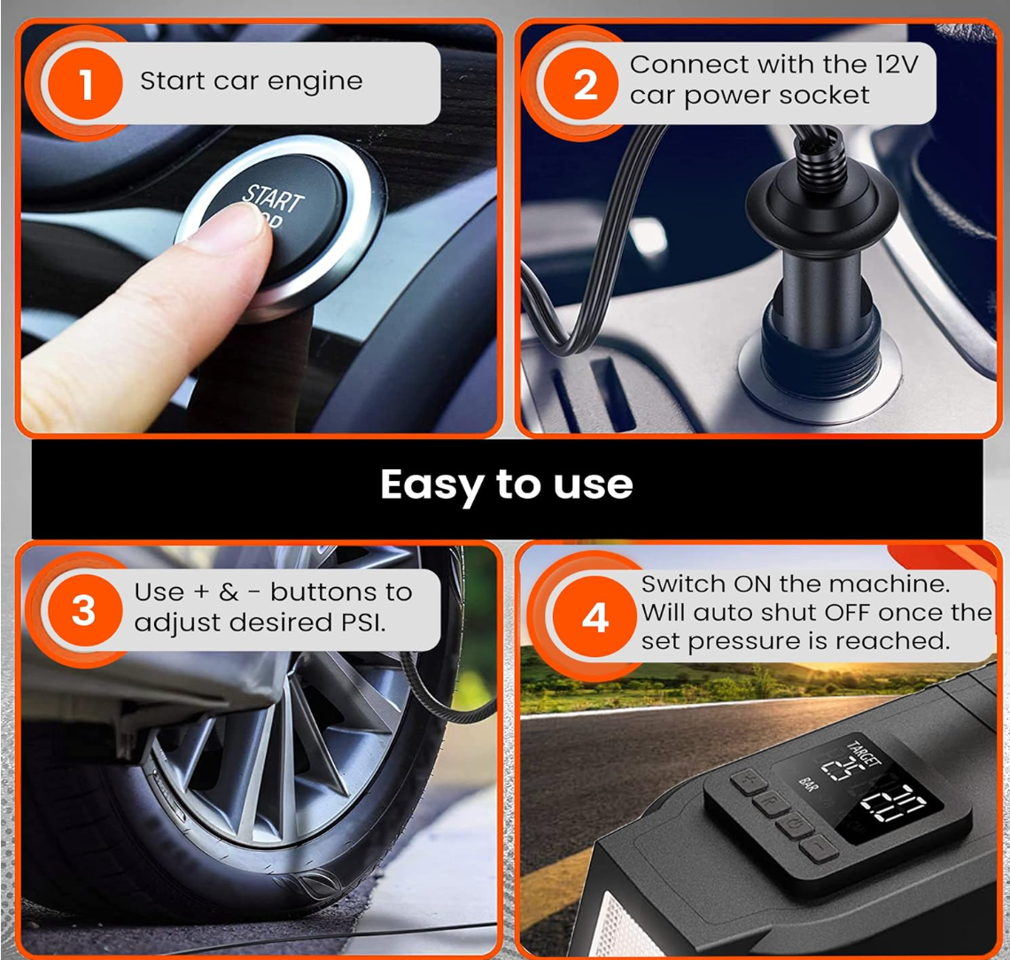 AGARO TI2157 Digital Portable Tyre Inflator/Pressure Gauge, 12V DC/230V AC for Home and Car, up to 150 PSI, LED Light, Digital Display, For Bike, Bicycles and Other Inflatables (Black).