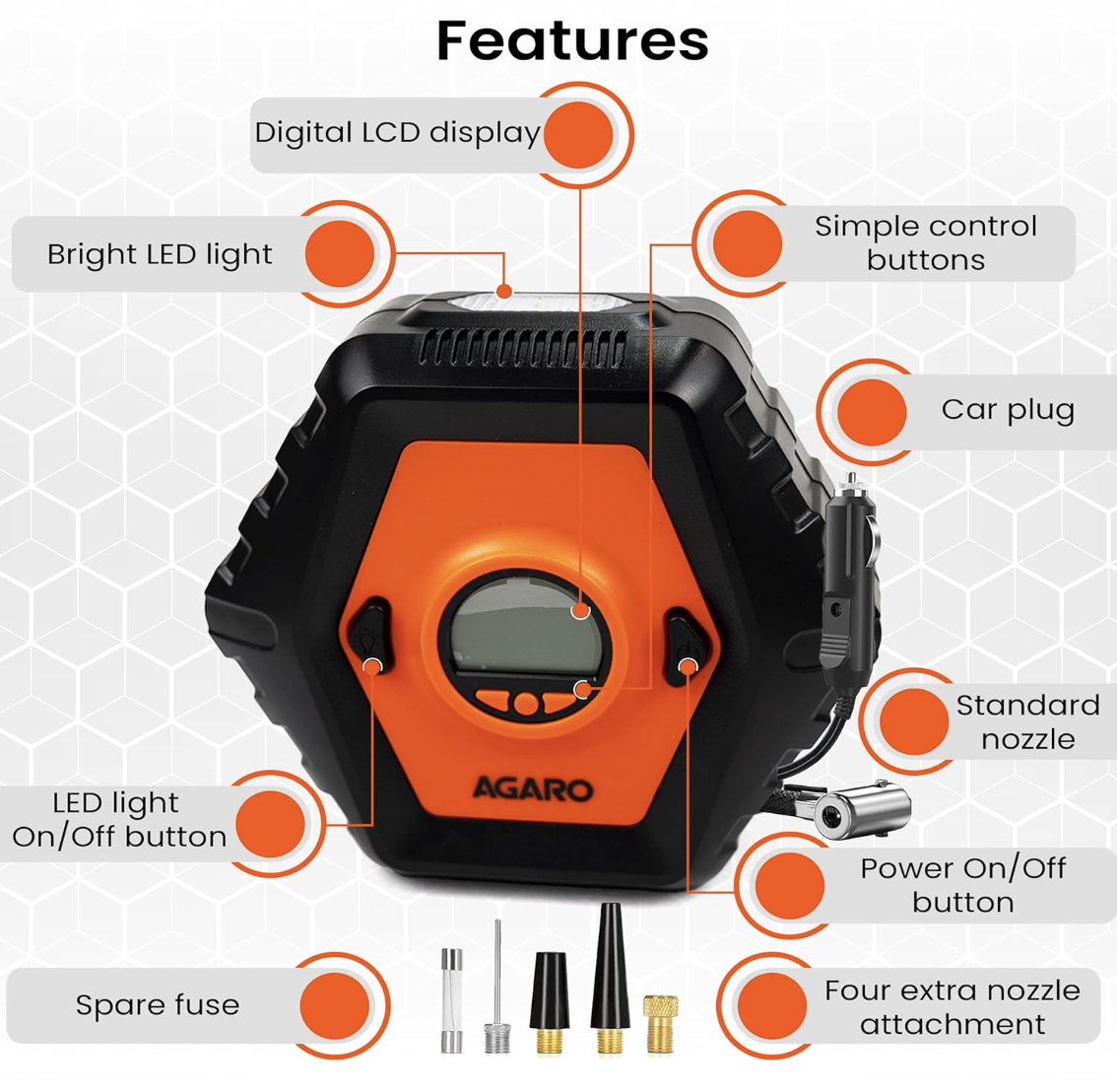 AGARO Plastic Ti2167 Digital Tyre Inflator, Cordless Rechargeable, 12V Ac/Dc, Up to 150 Psi, Led Light, Digital Display, for Car, Bike and Bicycles and Other Inflatables (Black)