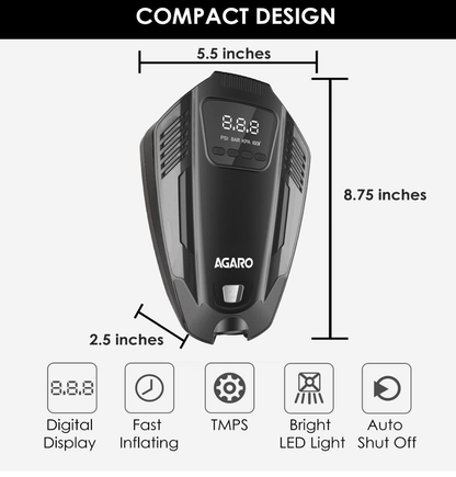 AGARO Primo High Power Digital Tyre Inflator for Car & Bike, Air Inflator Car Accessories, 120 Watt Air Pump with 12V Plug, Upto 150 Psi, Emergency LED Light, Compact & Portable Air Compressor