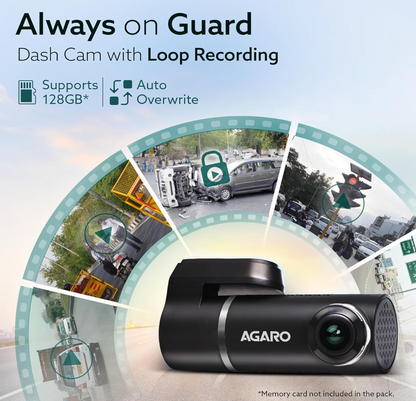 AGARO Alpha Car Dash Camera, Dashboard Recorder, 3MP, 140 Degree Wide Angle, F2.1 Aperture, Full HD, Voice Recorder, 128 GB Micro SD Card Support, Night Vision, G Sensor, Wifi, Loop Recording, DIY Set Up