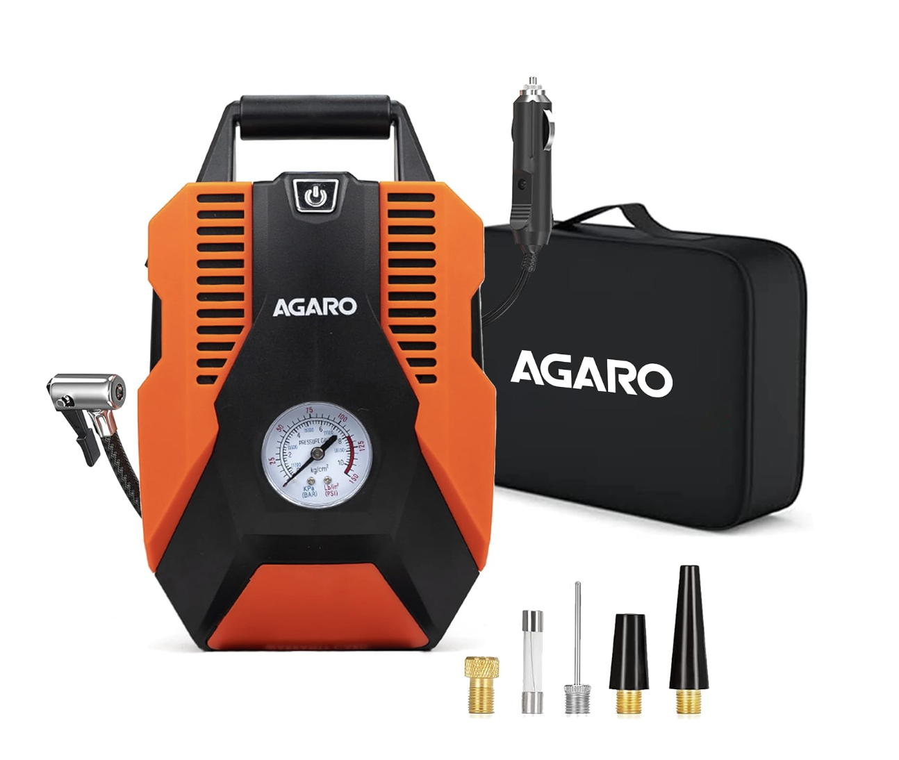 AGARO TI2147 அனலாக் டயர் இன்ஃப்ளேட்டர்/கம்ப்ரசர் பம்ப், போர்ட்டபிள், 12V DC, 150 PSI வரை, LED லைட், கேரி கேஸ், கார், பைக், சைக்கிள்கள், ஏர் போட் மற்றும் பிற ஊதப்பட்ட பொருட்களுக்கு (ஆரஞ்சு) 
