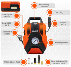 AGARO TI2147 Analog Tyre Inflator/Compressor Pump, Portable, 12V DC, up to 150 PSI, LED Light,Carry Case, for Car, Bike, Bicycles, Air Boat and Other Inflatables (Orange)-2