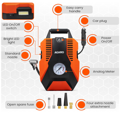 AGARO TI2147 Analog Tyre Inflator/Compressor Pump, Portable, 12V DC, up to 150 PSI, LED Light,Carry Case, for Car, Bike, Bicycles, Air Boat and Other Inflatables (Orange)