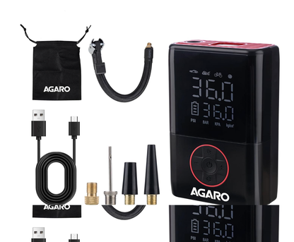 AGARO Regal New Portable Tyre Inflator for Cars & Bikes, 18L/min of Airflow, Upto 150 PSI, 4000 mAh (2 * 2000) Batteries, LED Flash Light, Rechargeable Type C Port, Digital Display, Multiple Nozzles