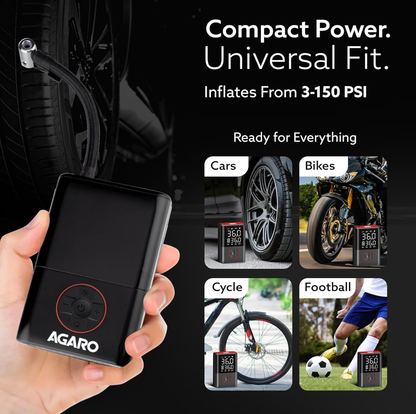 AGARO Regal New Portable Tyre Inflator for Cars & Bikes, 18L/min of Airflow, Upto 150 PSI, 4000 mAh (2 * 2000) Batteries, LED Flash Light, Rechargeable Type C Port, Digital Display, Multiple Nozzles