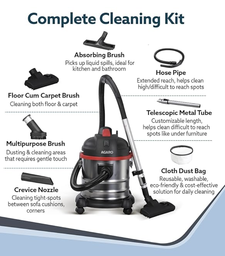 AGARO Ace Wet & Dry Vacuum Cleaner for Home, 1600 Watts, 21.5 kPa Suction Power, 21 litres Tank Capacity, for Home Use, Blower Function, Washable 3L Dust Bag, Stainless Steel Body (Black, Red, Steel)