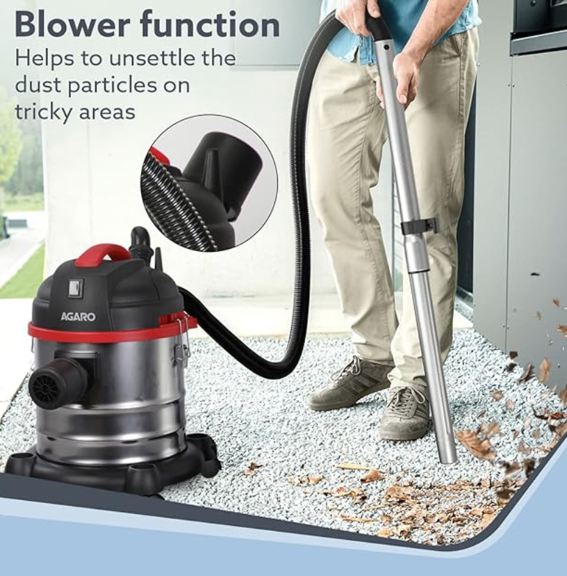 AGARO Ace Wet & Dry Vacuum Cleaner for Home, 1600 Watts, 21.5 kPa Suction Power, 21 litres Tank Capacity, for Home Use, Blower Function, Washable 3L Dust Bag, Stainless Steel Body (Black, Red, Steel)