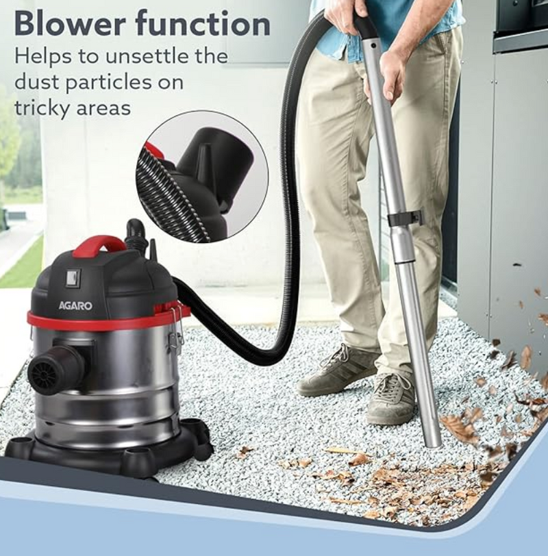 AGARO Ace Wet & Dry Vacuum Cleaner for Home, 1600 Watts, 21.5 kPa Suction Power, 21 litres Tank Capacity, for Home Use, Blower Function, Washable 3L Dust Bag, Stainless Steel Body (Black, Red, Steel)-3