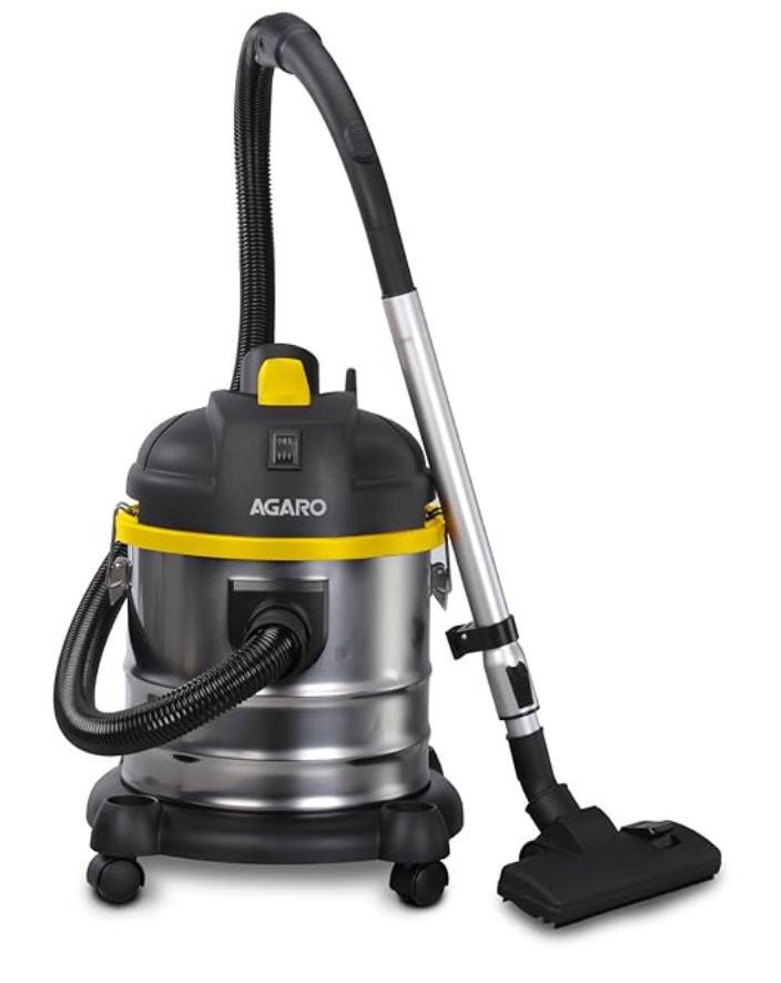 AGARO Ace 1600 Watts, 21.5 Kpa Suction Power, 21 litres, Wet&Dry, Stainless Steel HEPA Filter Vacuum Cleaner with Blower Function, Washable Dust Bag, Yellow/Steel, 1 Piece