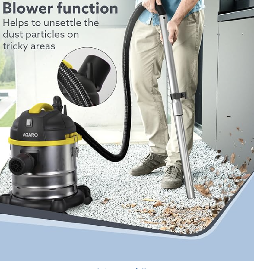 AGARO Ace 1600 Watts, 21.5 Kpa Suction Power, 21 litres, Wet&Dry, Stainless Steel HEPA Filter Vacuum Cleaner with Blower Function, Washable Dust Bag, Yellow/Steel, 1 Piece