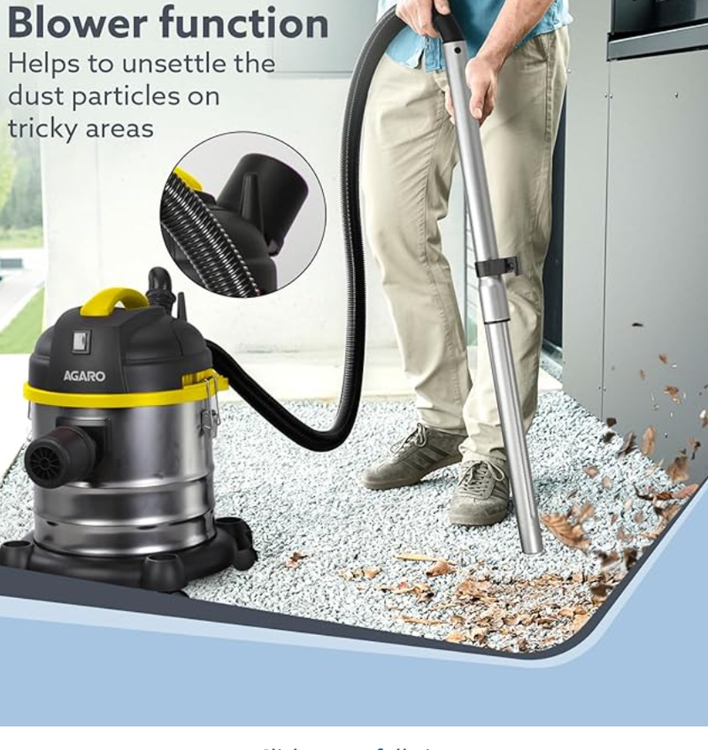 AGARO Ace 1600 Watts, 21.5 Kpa Suction Power, 21 litres, Wet&Dry, Stainless Steel HEPA Filter Vacuum Cleaner with Blower Function, Washable Dust Bag, Yellow/Steel, 1 Piece-3