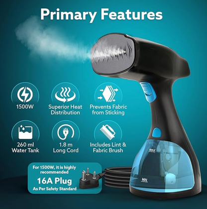 AGARO Signify Handheld Garment Steamer, Wrinkle Remover, Iron, Fast Heat, Ceramic Steam Nozzle, 1500W, 260 ML Water Tank, Detachable Fabric Brush
