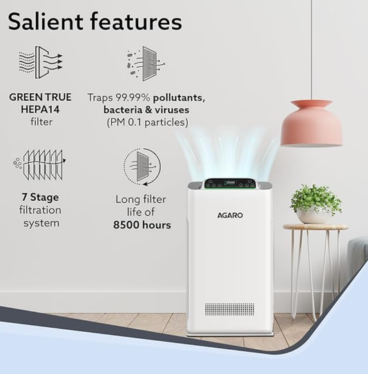 AGARO इम्पीरियल एयर प्यूरीफायर घर और बेडरूम के लिए, ग्रीन ट्रू HEPA फ़िल्टर H14, 99.99% प्रदूषक, बैक्टीरिया, वायरस और PM 0.1 कण हटाता है, 7 चरणों में शुद्धिकरण, 400 वर्ग फुट क्षेत्र को कवर करता है, 8500 घंटे फ़िल्टर लाइफ 