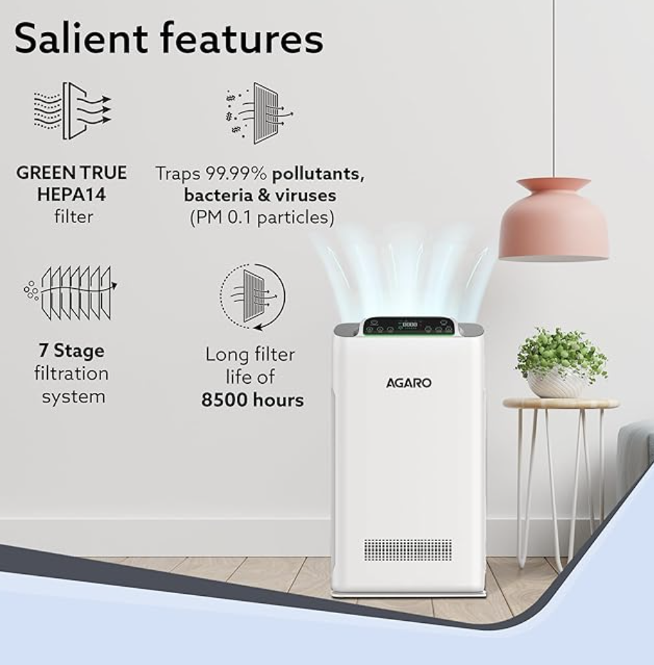 AGARO Imperial Air Purifier For Home, Bedroom, Green True HEPA Filter H14, Removes 99.99% Pollutants, Bacteria, Virus & PM 0.1 Particles, 7 Stage Purification, Covers 400 Sqft, 8500 Hrs Filter Life
